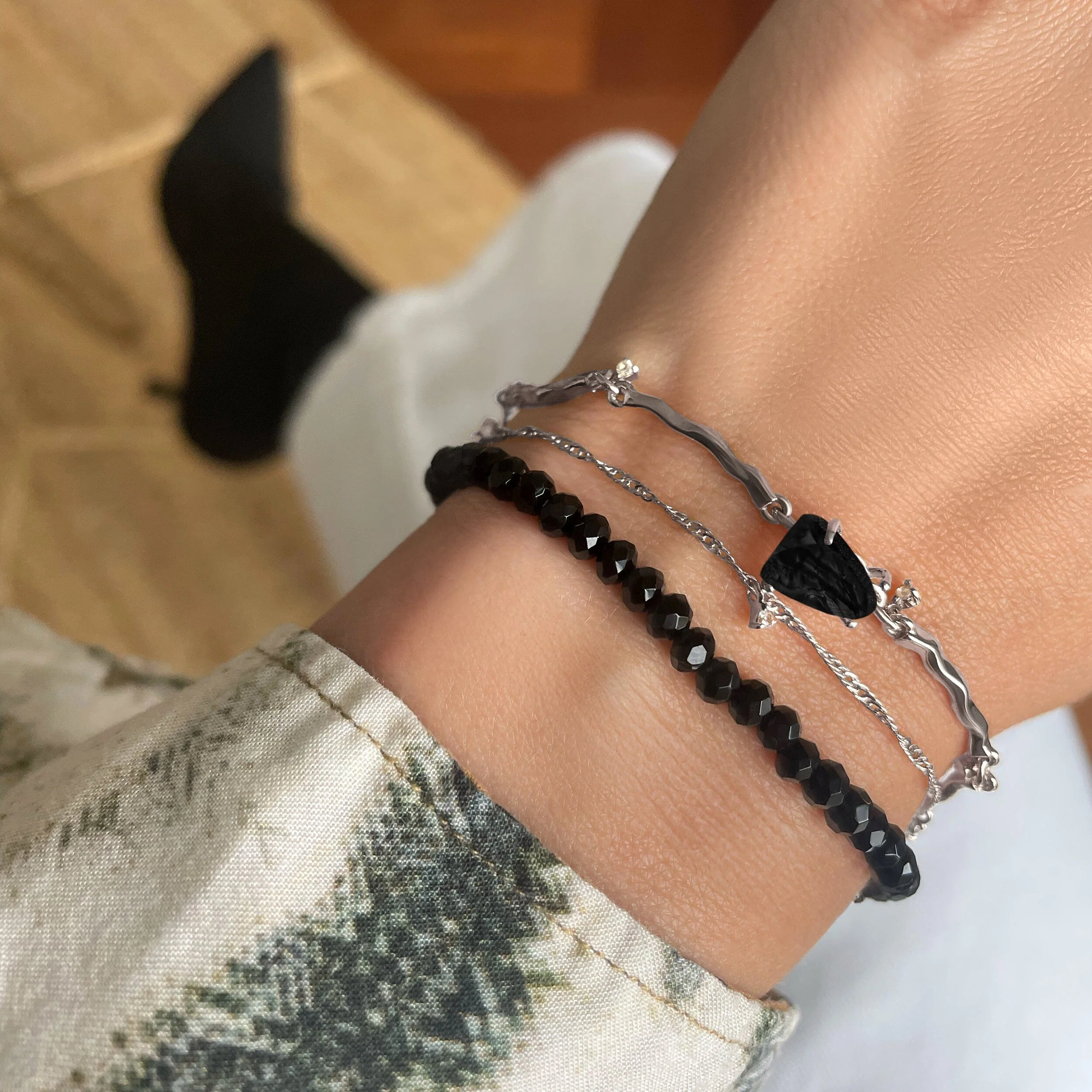 Black Obsidian Bracelet Stack - Flowing Strength - Image 8