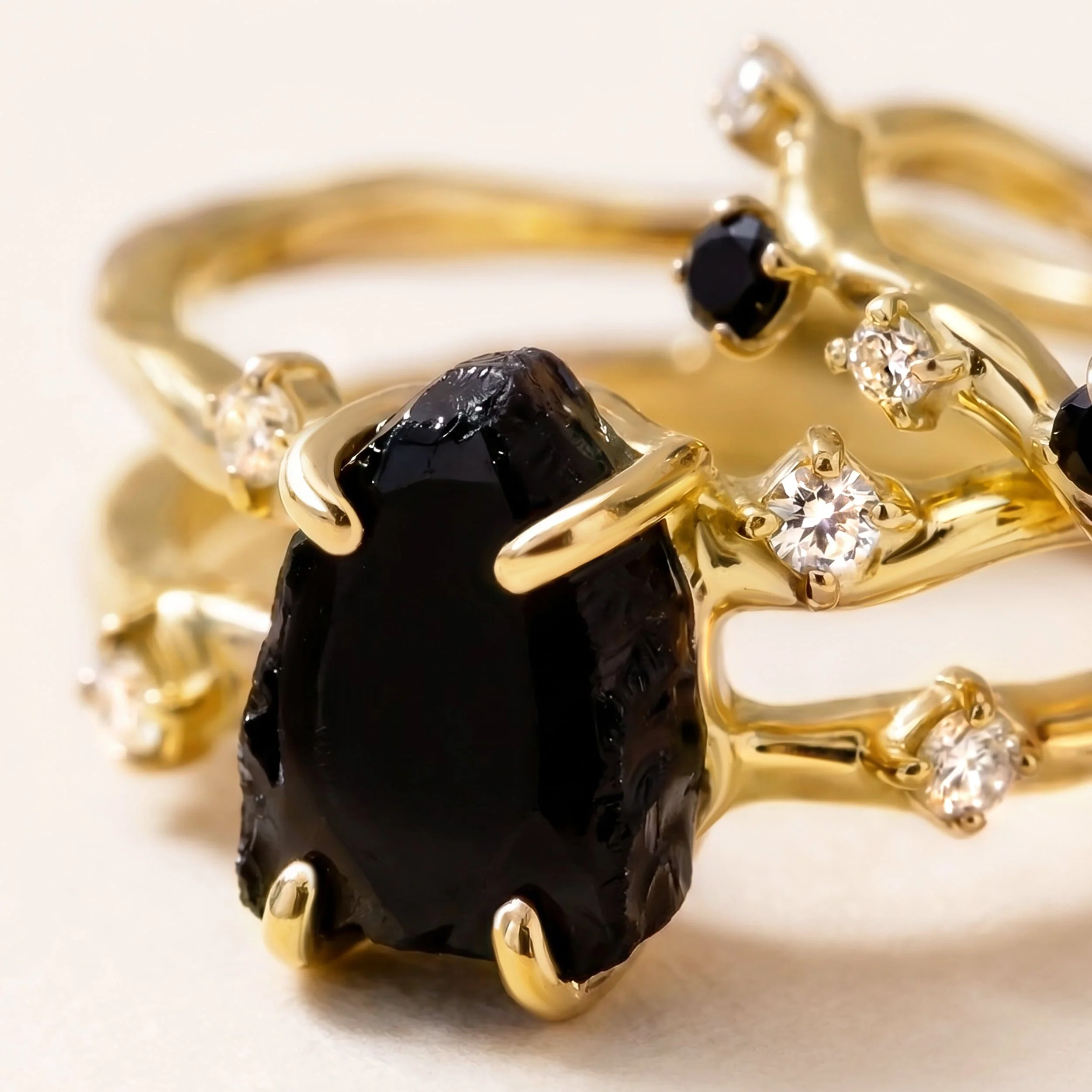 Black Obsidian Flow Ring & Black Onyx Stardust Band - Image 13