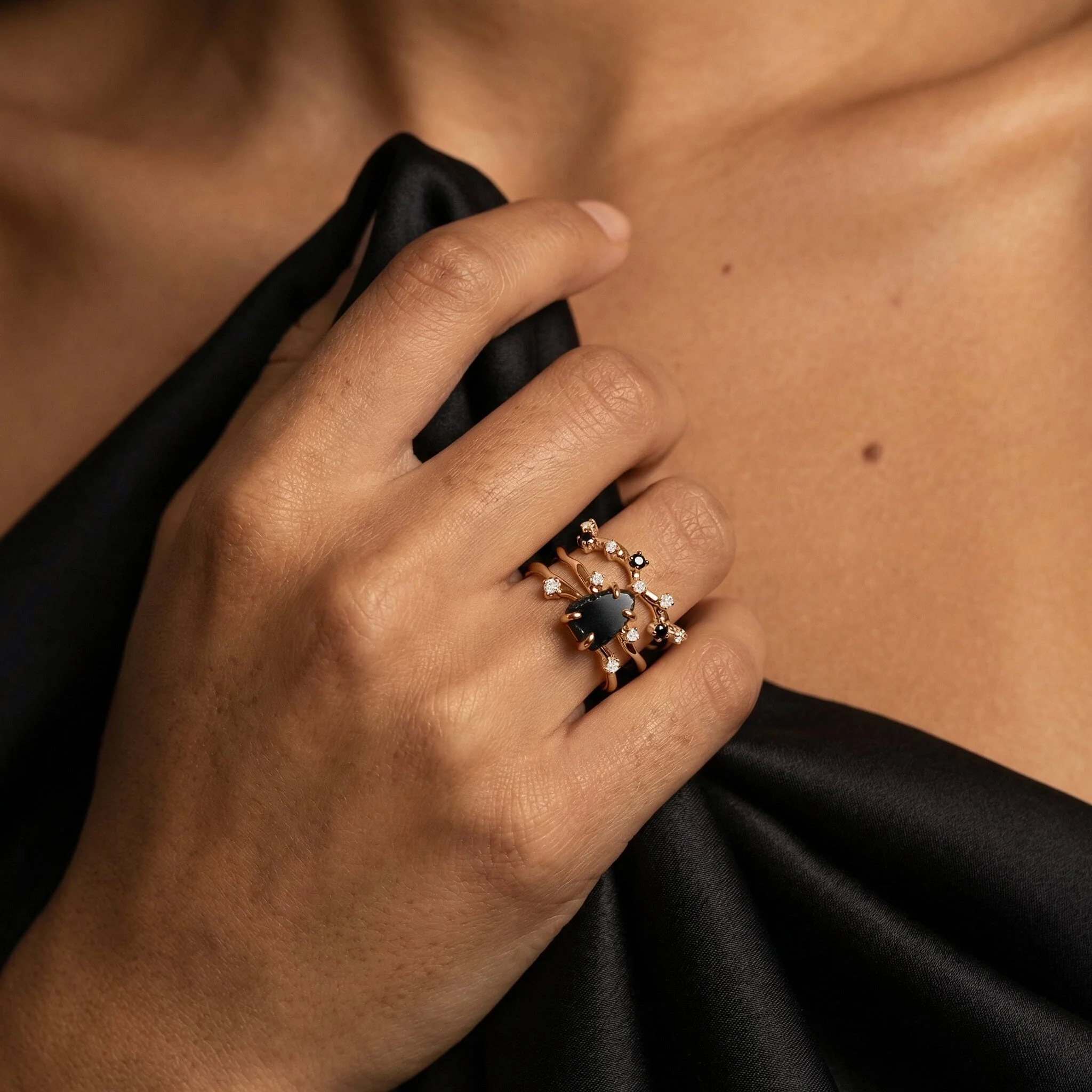 Black Obsidian Lab Diamond Flow Ring & Stardust Band - Image 14