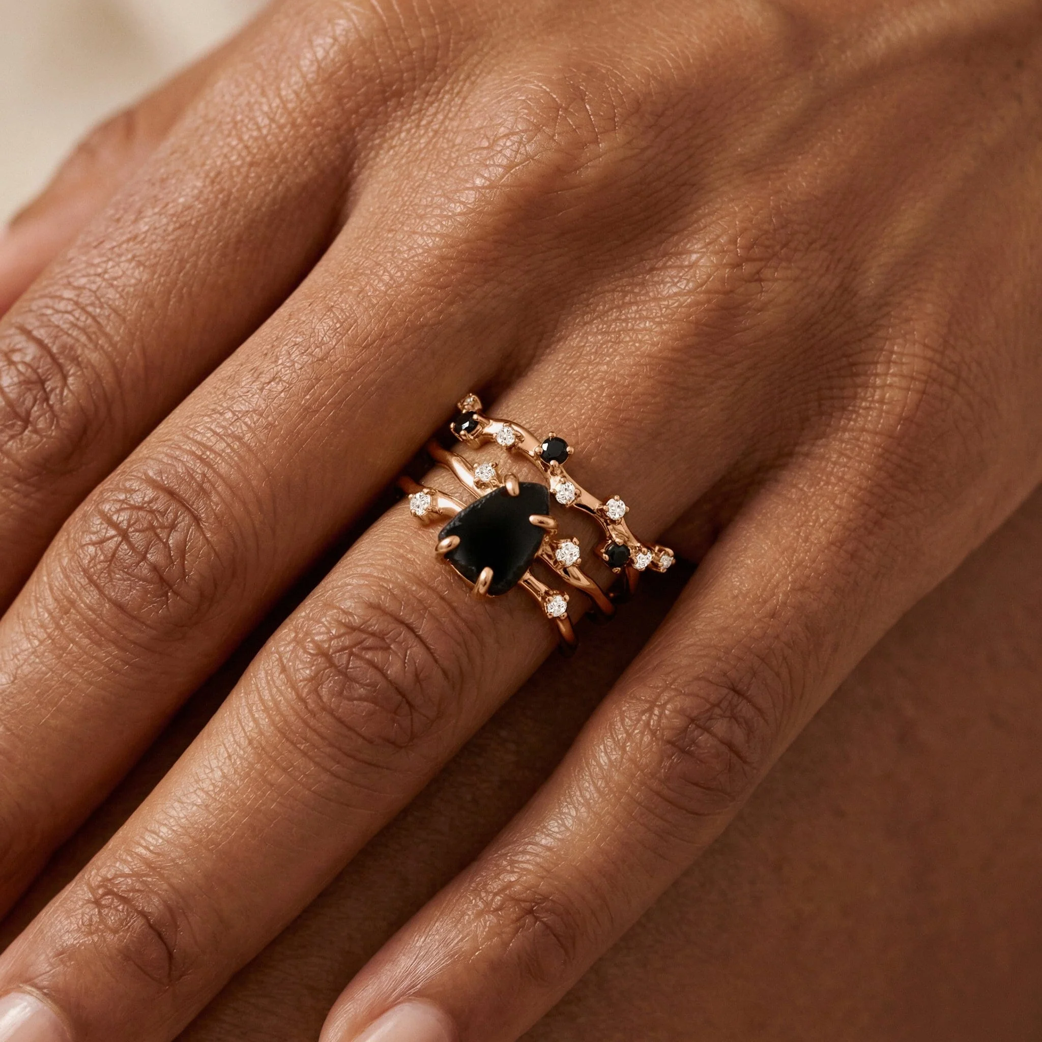 Black Obsidian Lab Diamond Flow Ring & Stardust Band - Image 4