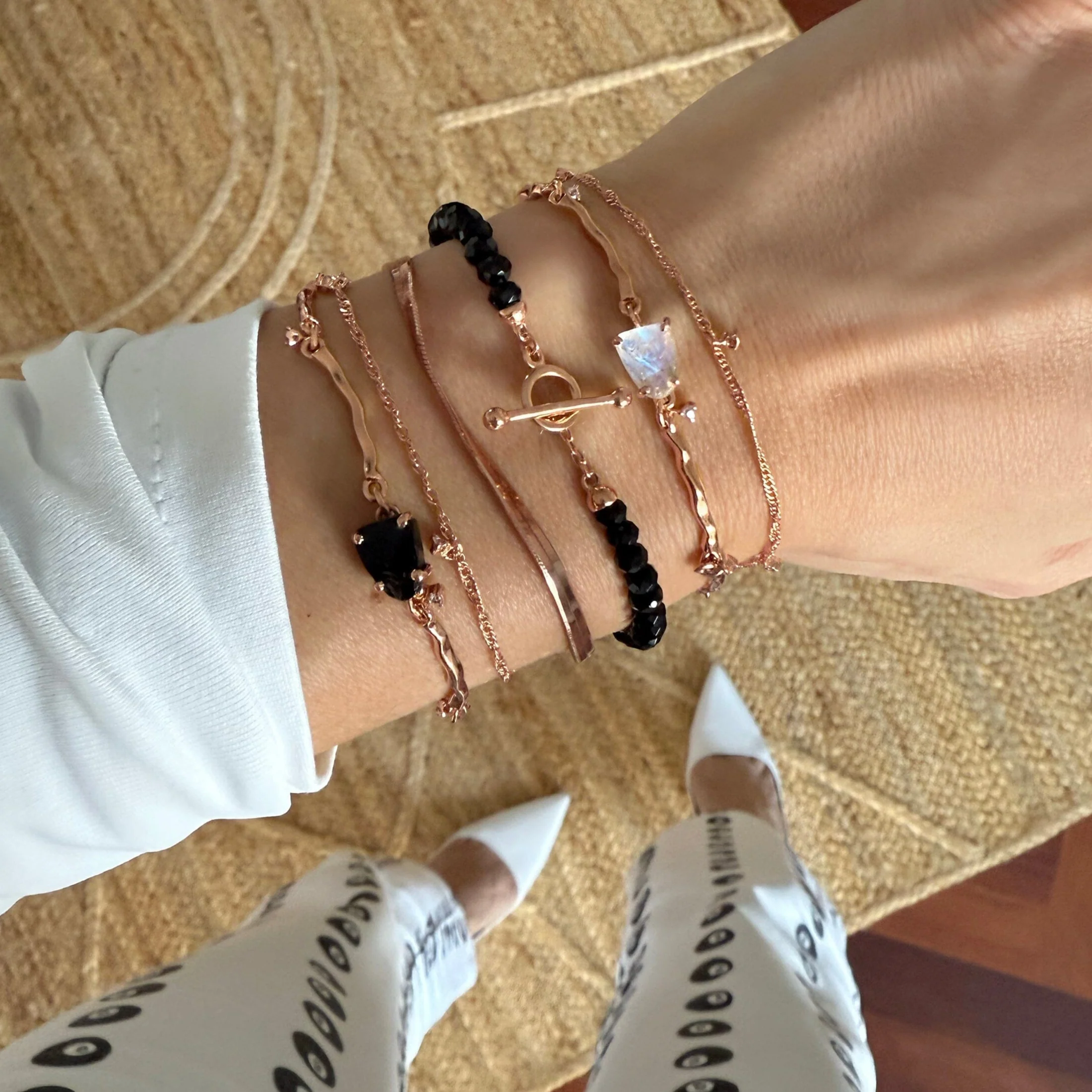 Black Obsidian & Moonstone Bracelet Stack - Energy Armor - Image 10