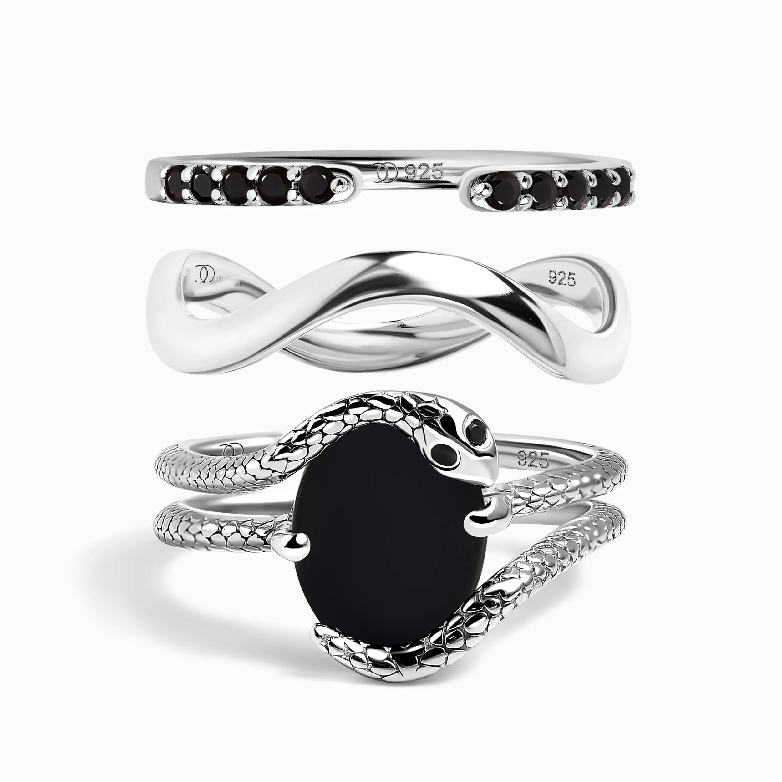 Black Onyx Serpent Ring - Twinkling Band & Waves Band