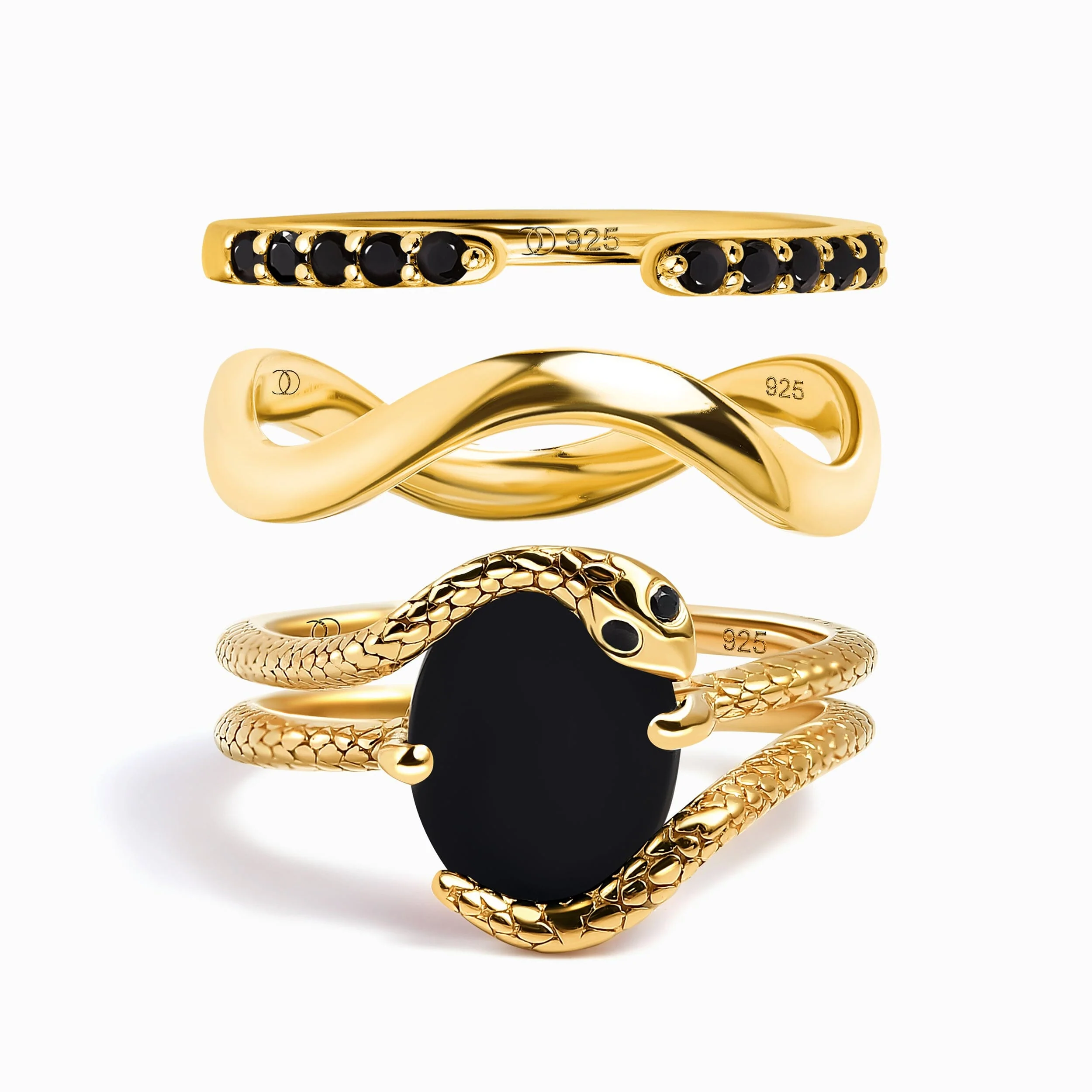 Black Onyx Serpent Ring - Twinkling Band & Waves Band - Image 3