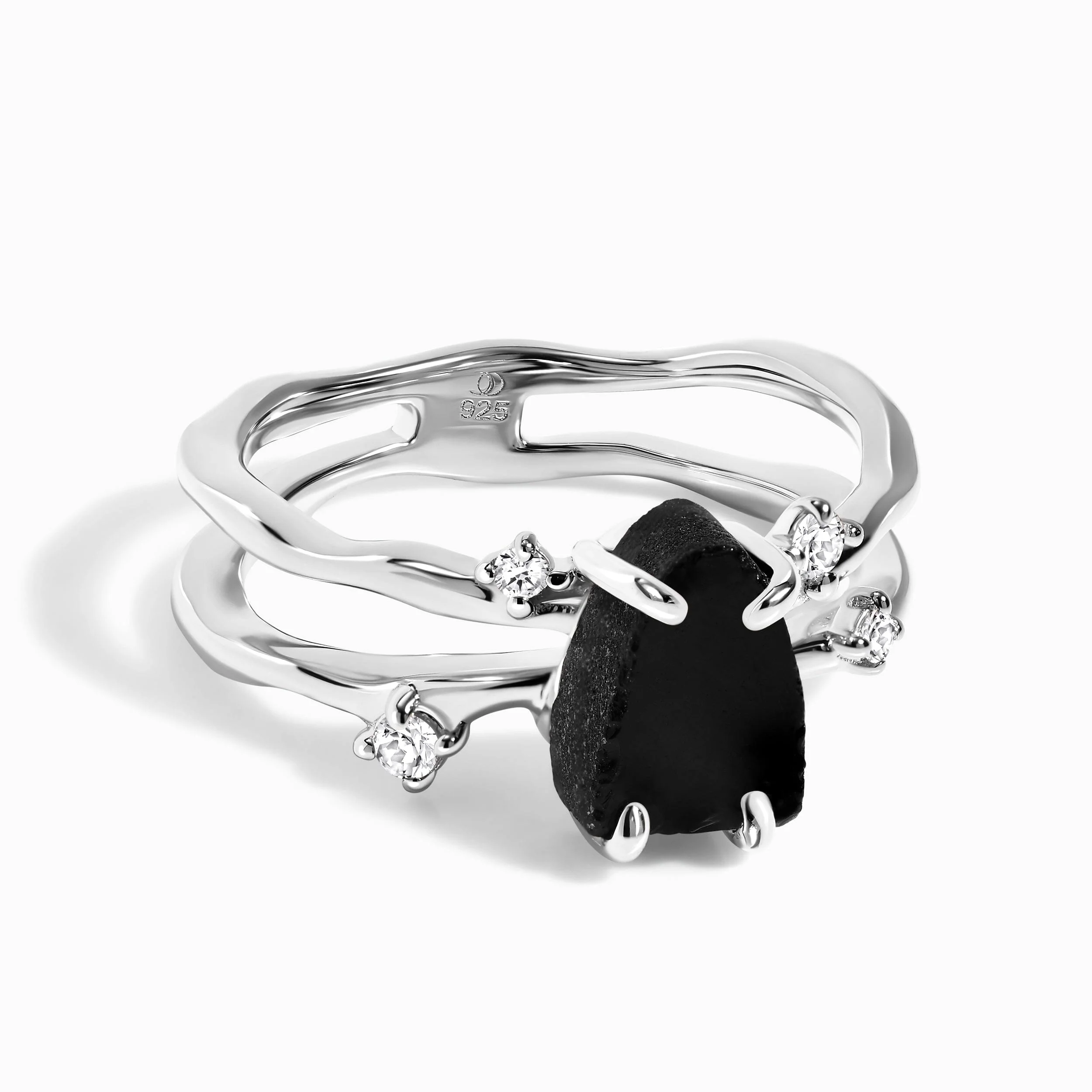 Fine Black Obsidian Lab Diamond Ring - Flow