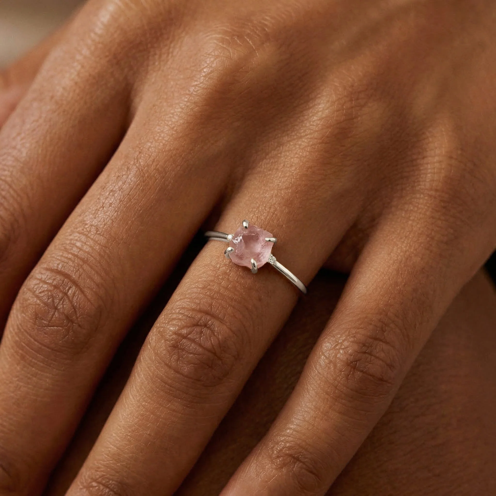 Fine Rose Quartz Lab Diamond Ring - Petite Raw Allure - Image 4