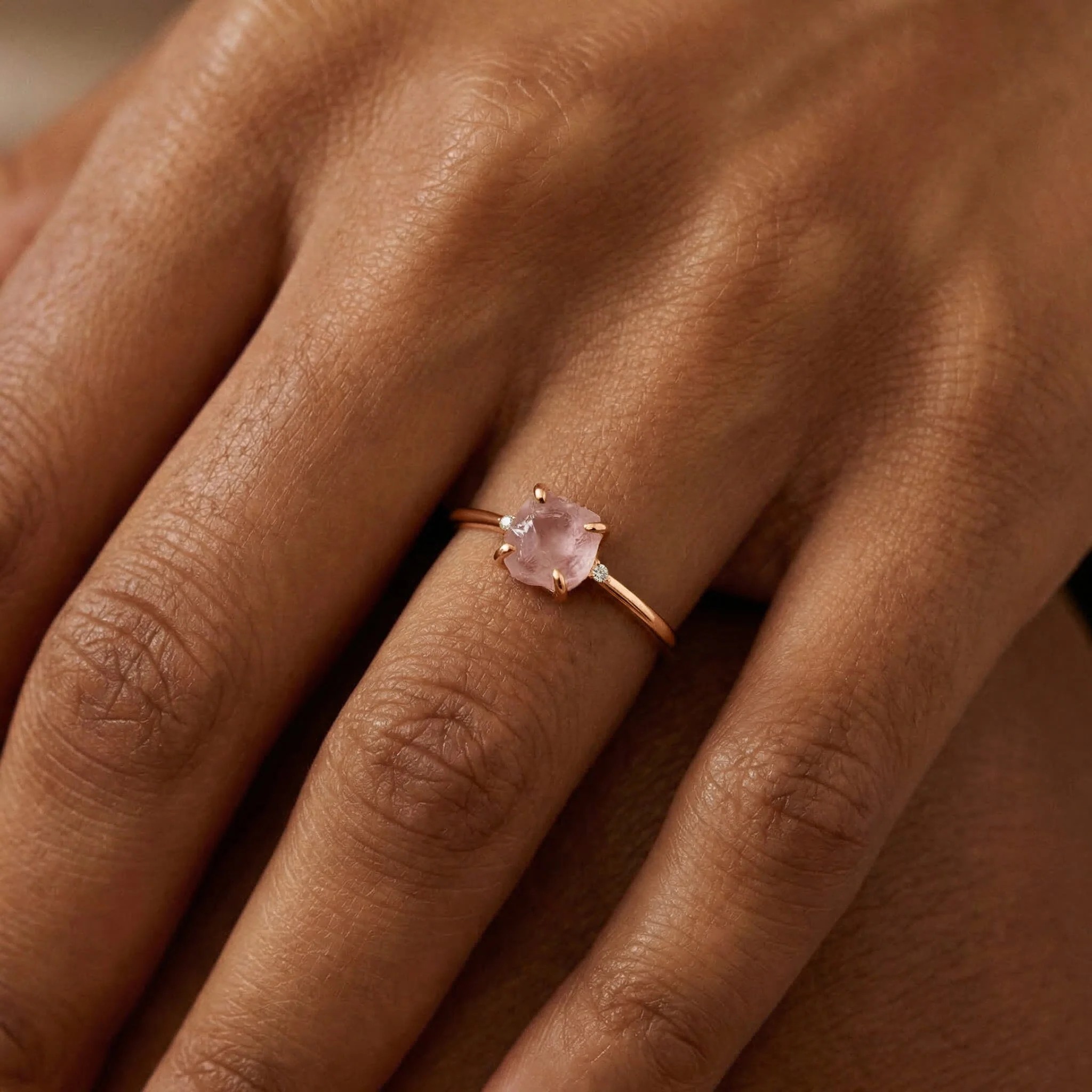 Fine Rose Quartz Lab Diamond Ring - Petite Raw Allure - Image 5