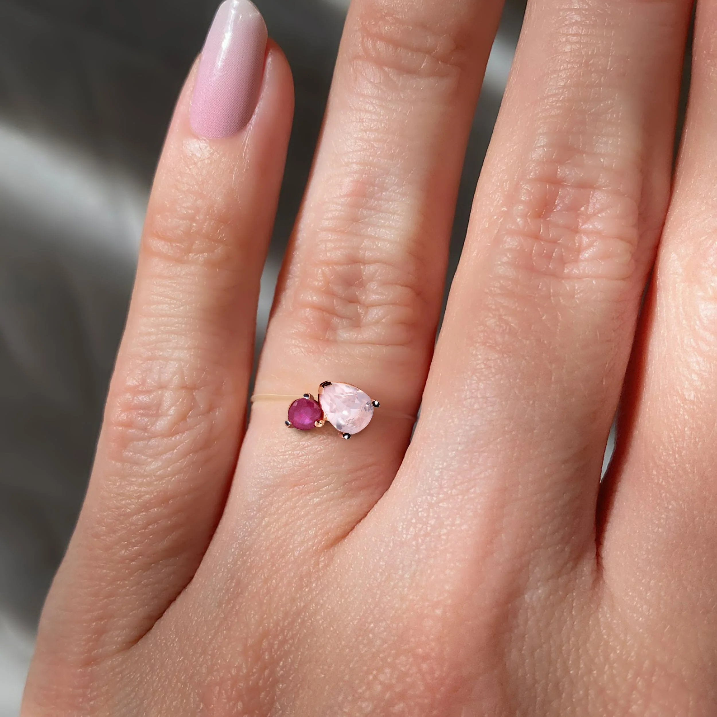 Floating Ring - Toi Et Moi Rose Quartz & Ruby - Image 4
