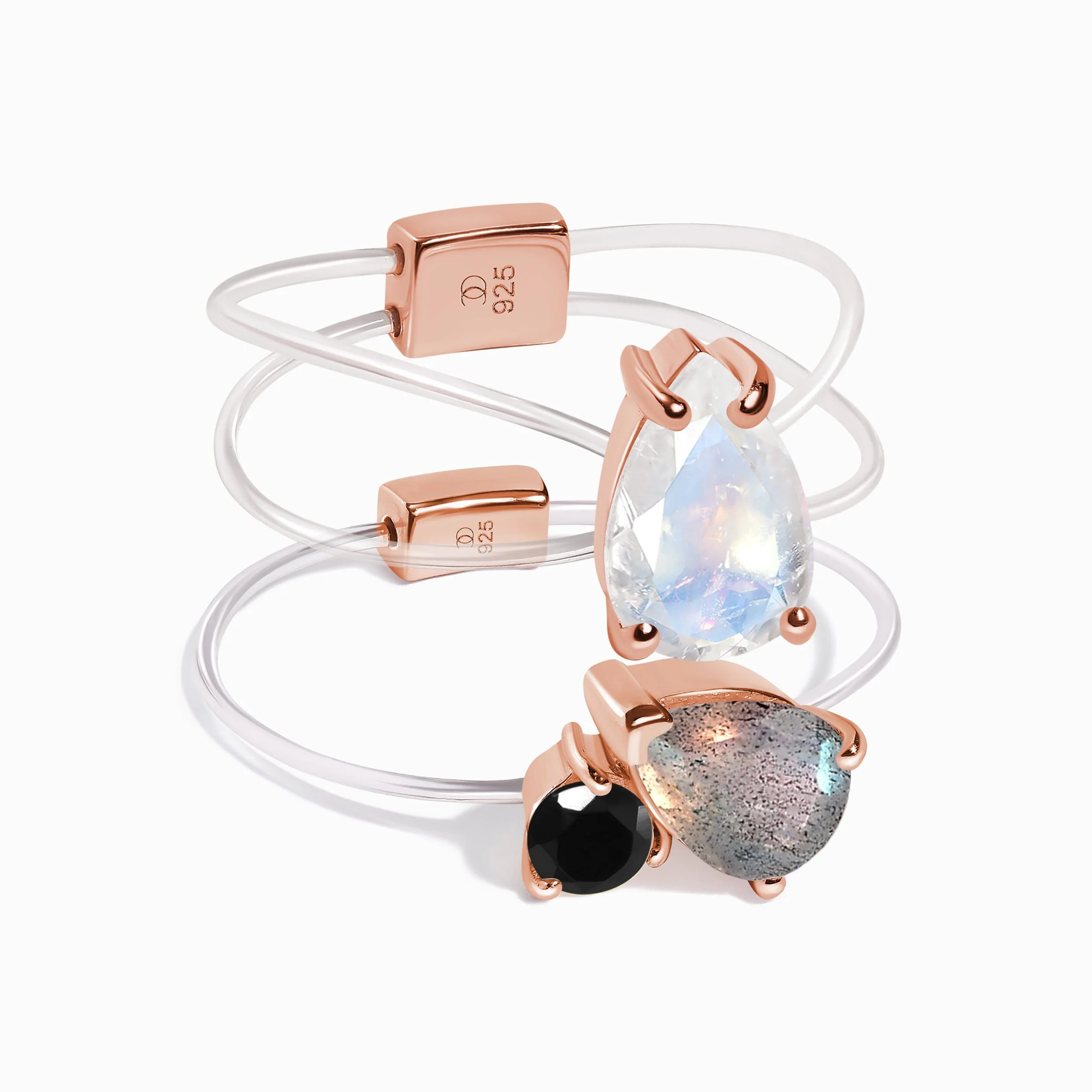 Labradorite Black Obsidian Toi Et Moi & Moonstone Sway Floating Rings - Image 4