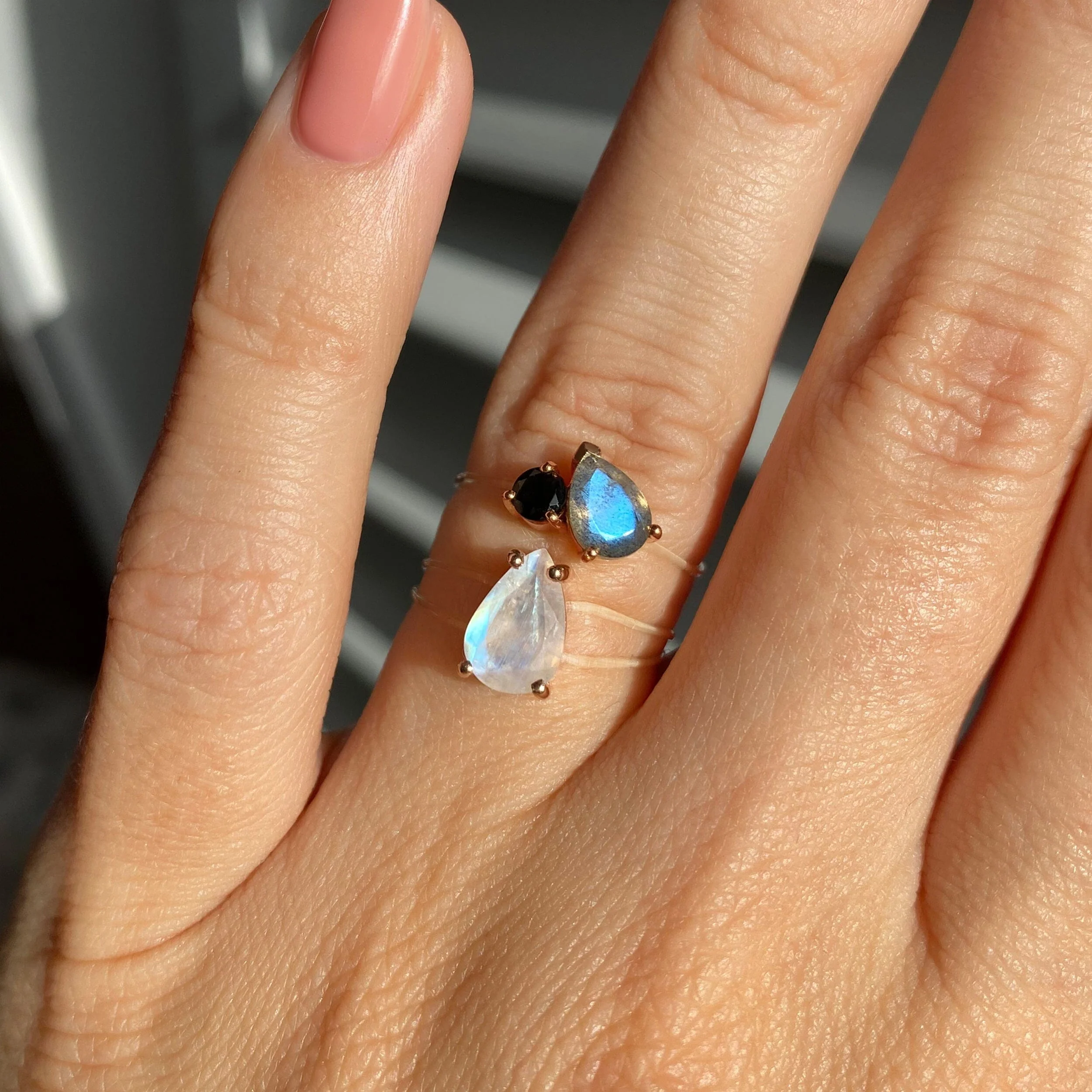 Labradorite Black Obsidian Toi Et Moi & Moonstone Sway Floating Rings - Image 5