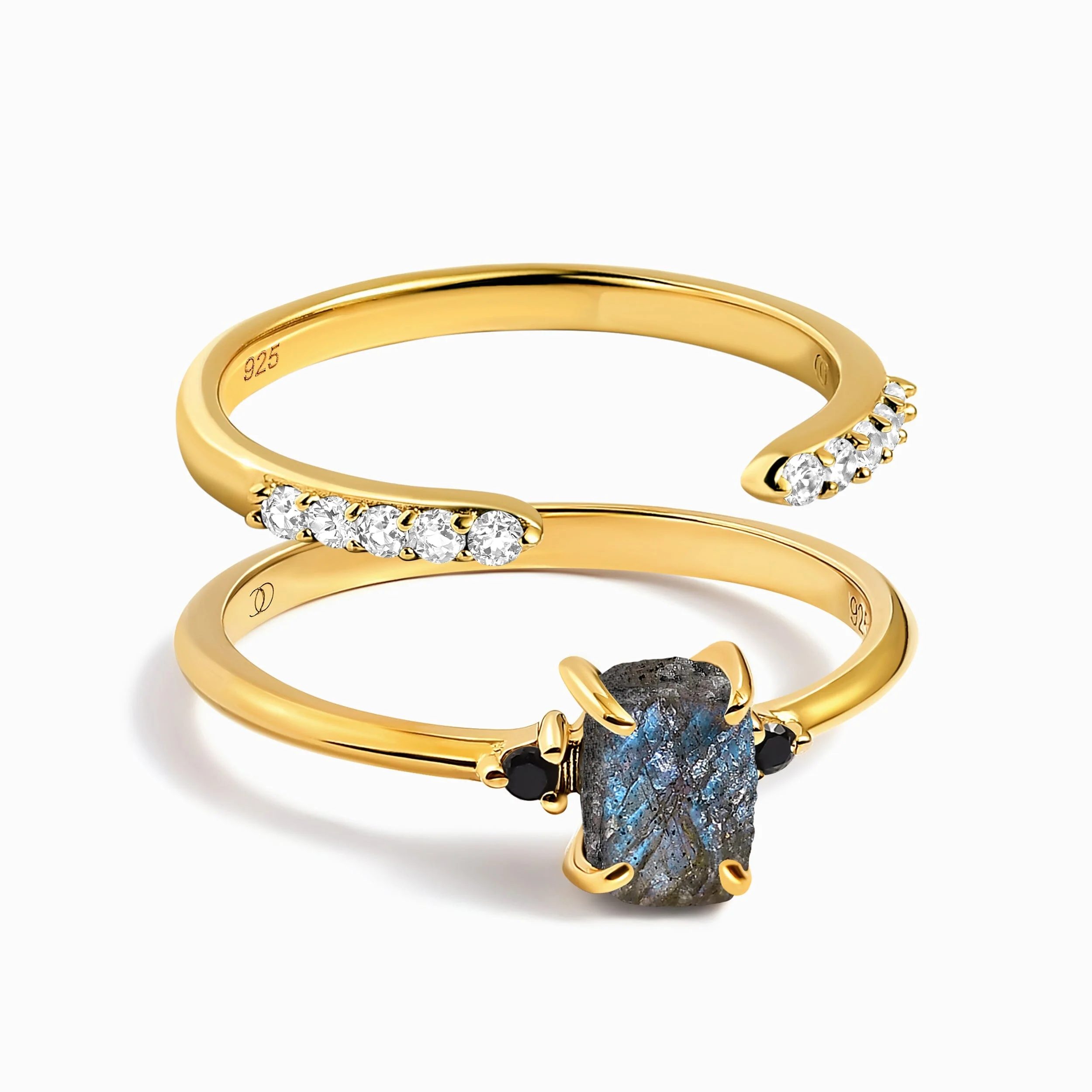 Labradorite Black Onyx Ring - Petite Raw Allure & White Zircon Ring - Twinkling Band - Image 3
