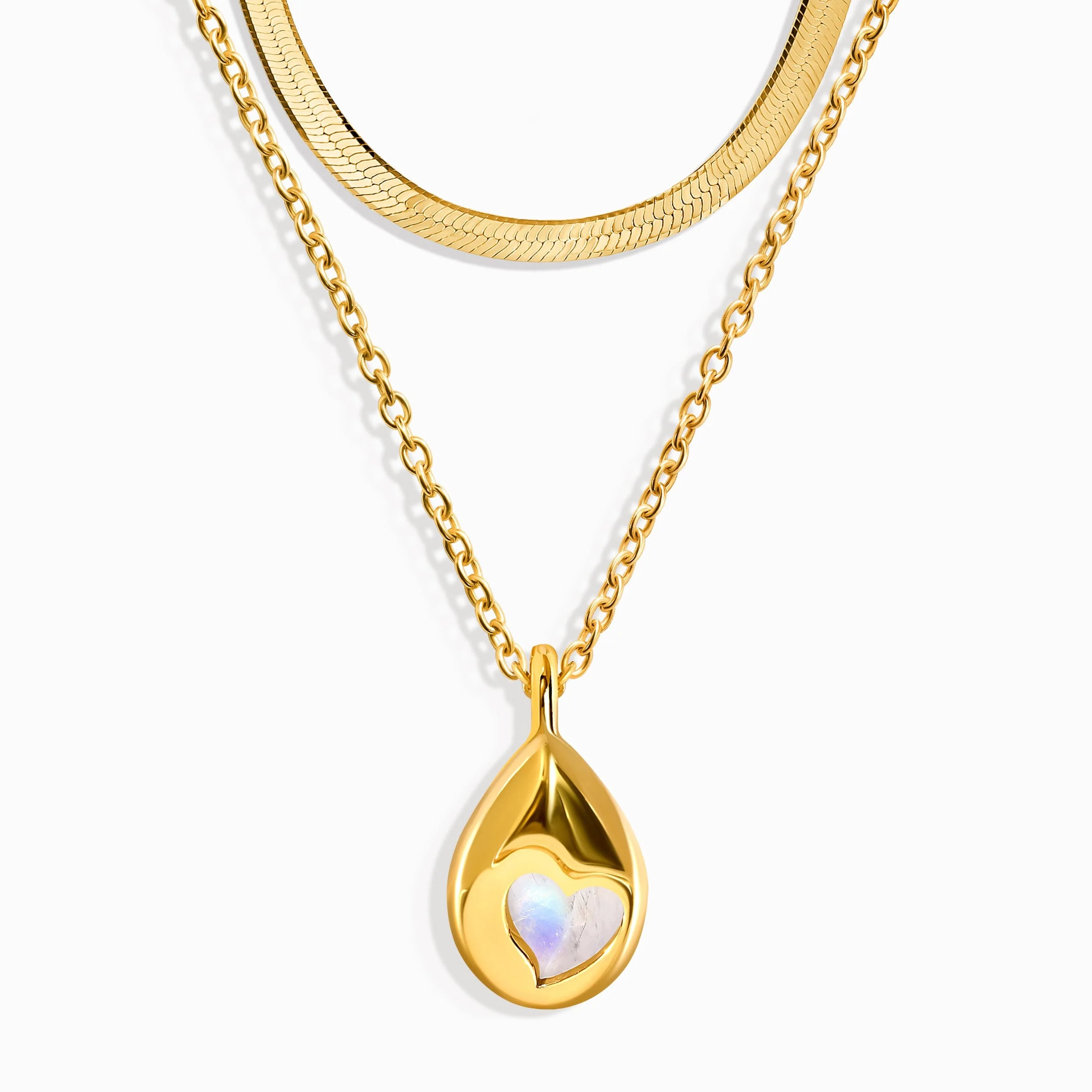 Moonstone Hidden Heart Necklace & Herringbone Chain - Image 10