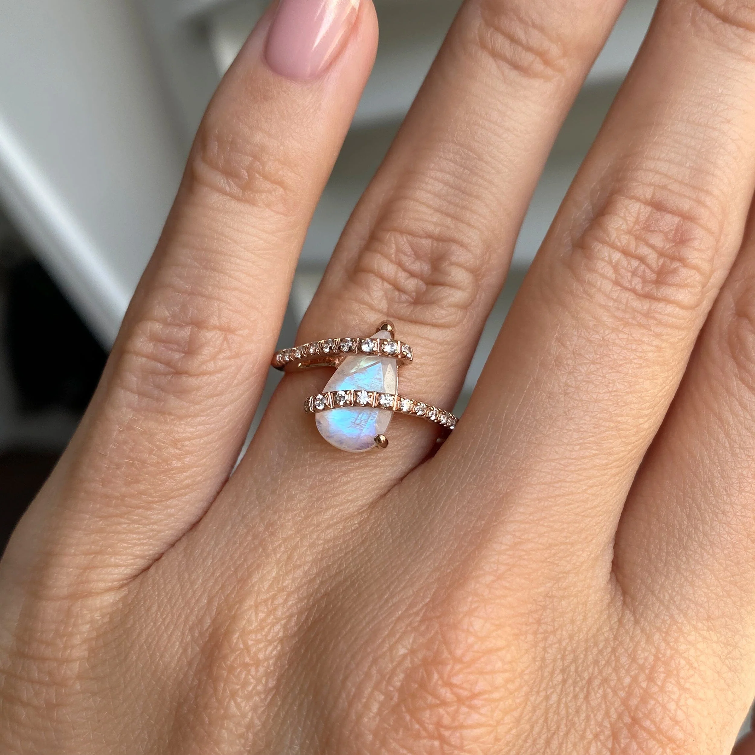Moonstone White Zircon Ring - Bypass - Image 4
