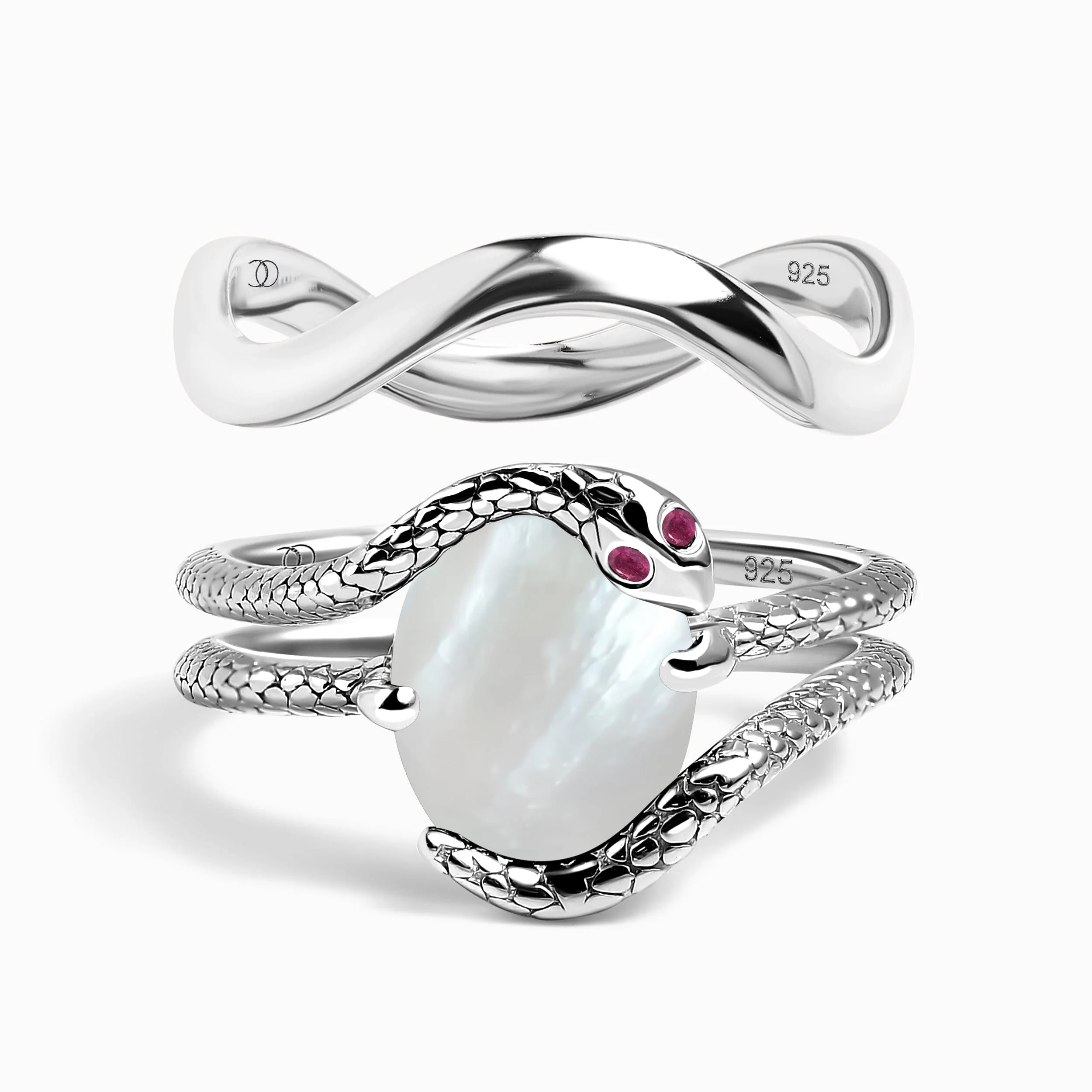 Mother of Pearl Ruby Serpent Ring & Waves Band