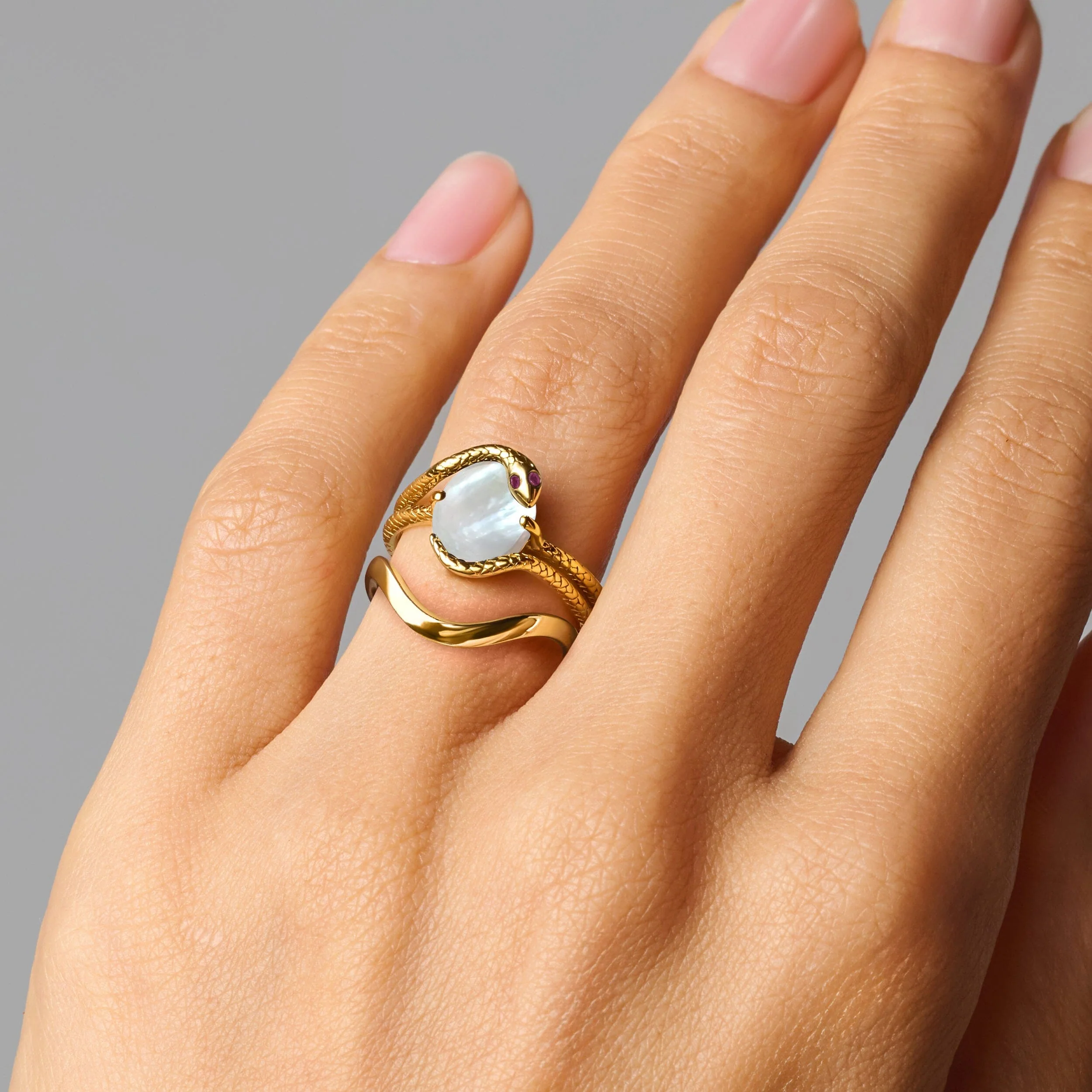 Mother of Pearl Ruby Serpent Ring & Waves Band - Image 4
