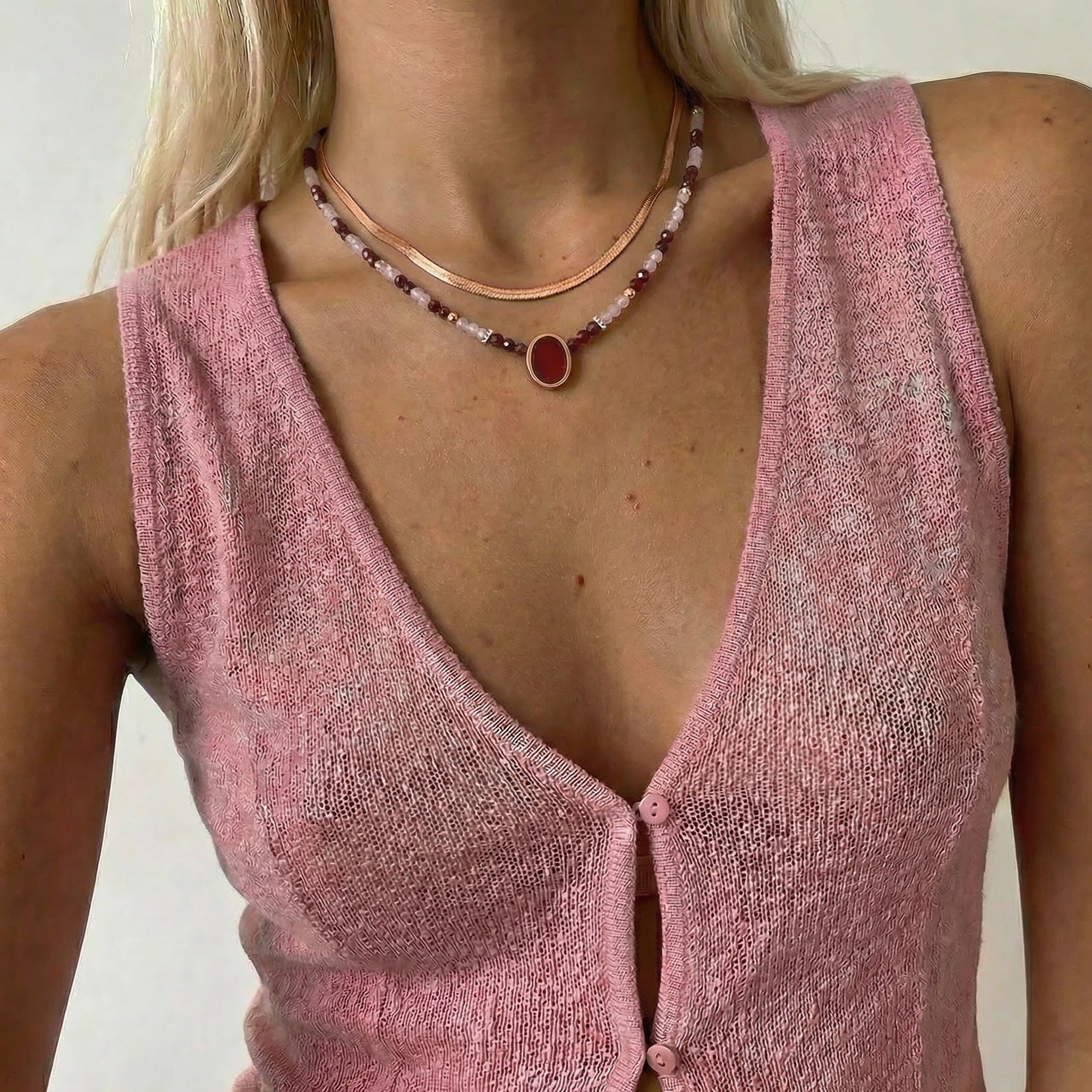 Pink Quartz & Rose Quartz & Garnet Beads Divina Necklace - Enfolded - Image 16