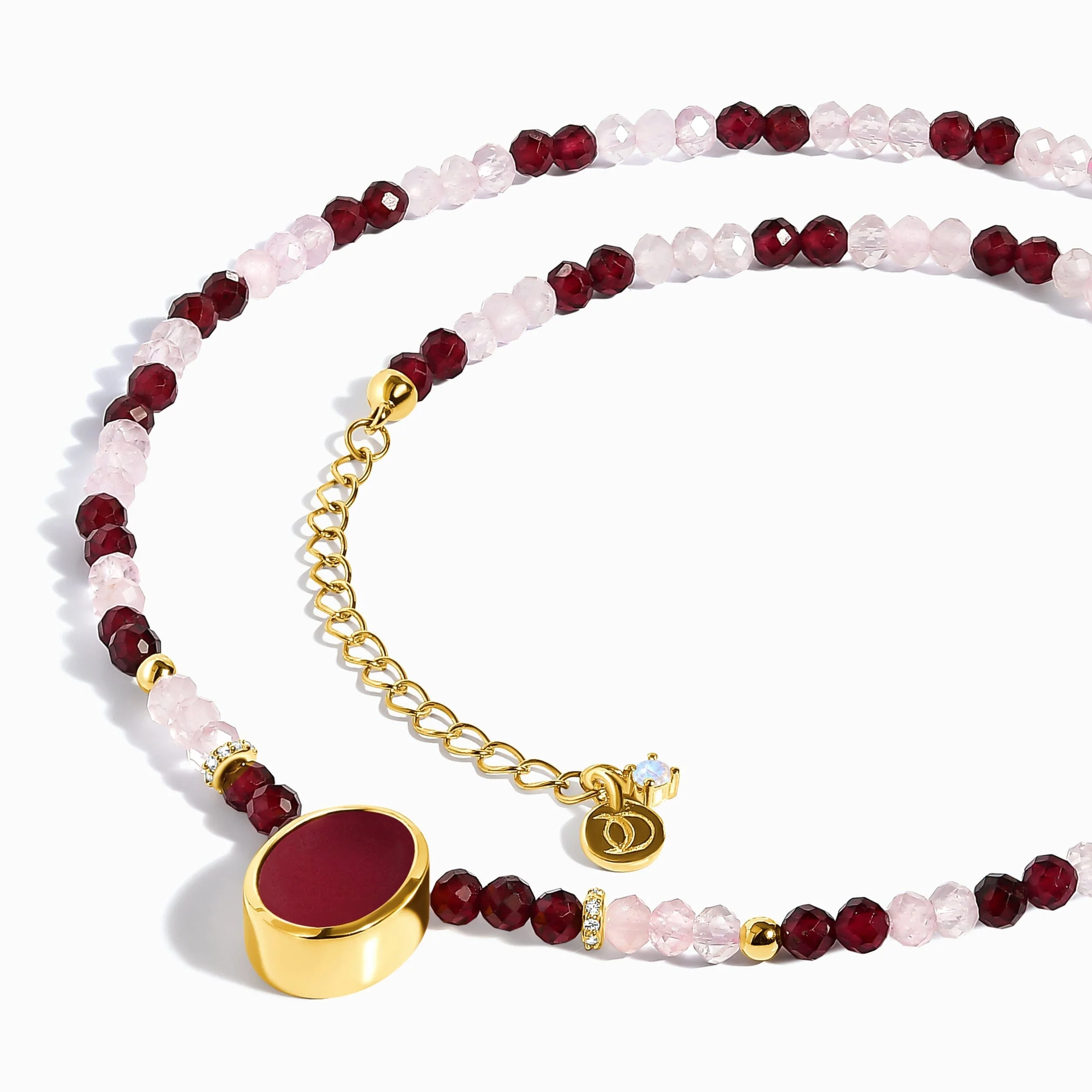 Pink Quartz & Rose Quartz & Garnet Beads Divina Necklace - Enfolded - Image 25