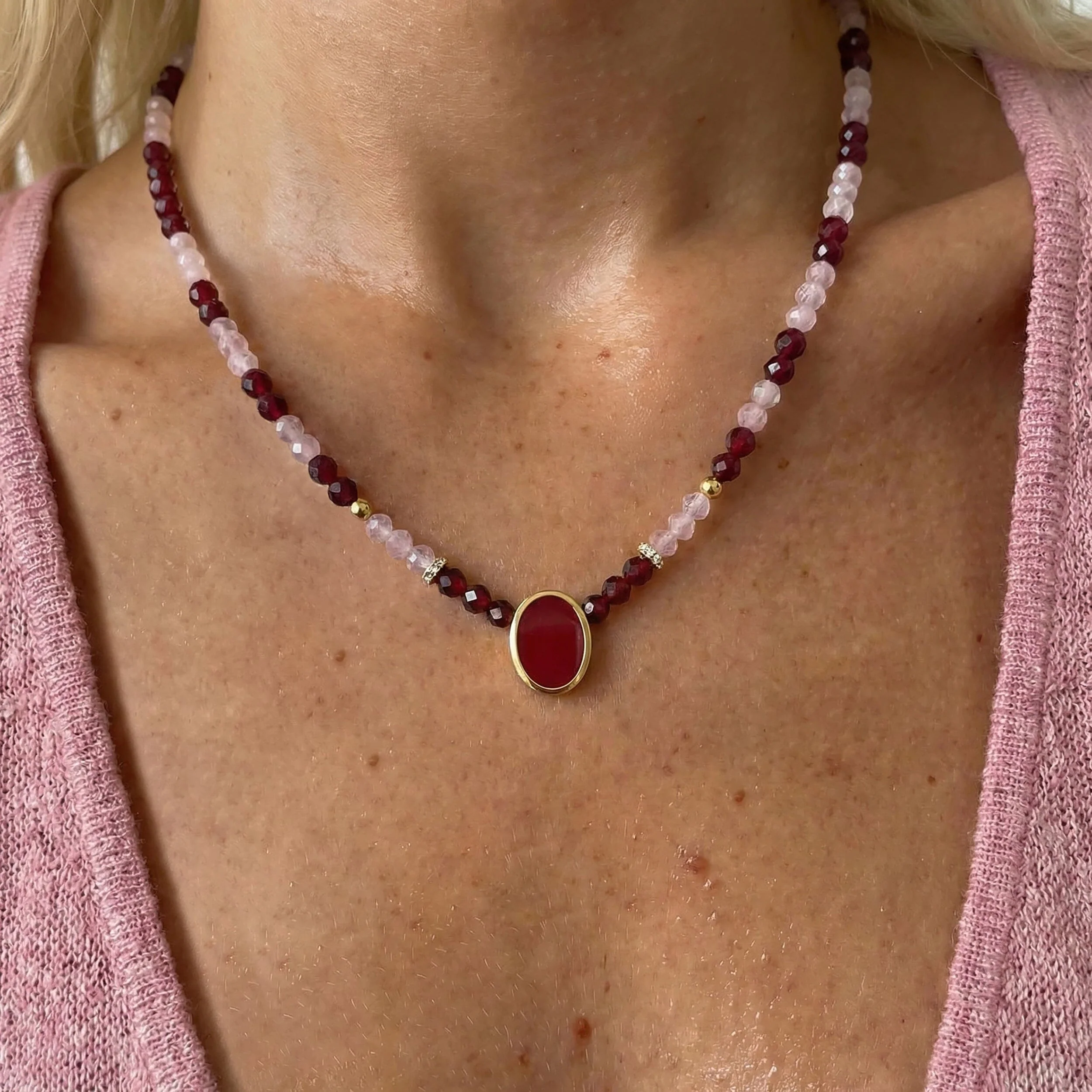 Pink Quartz & Rose Quartz & Garnet Beads Divina Necklace - Enfolded - Image 6