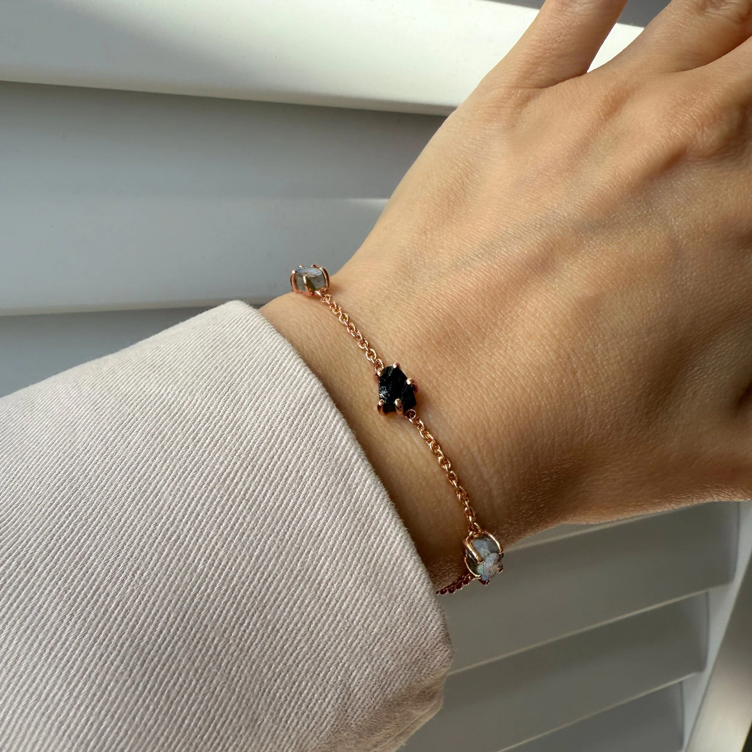 Raw Crystal Bracelet - Enchanted Labradorite & Black Obsidian - Image 4