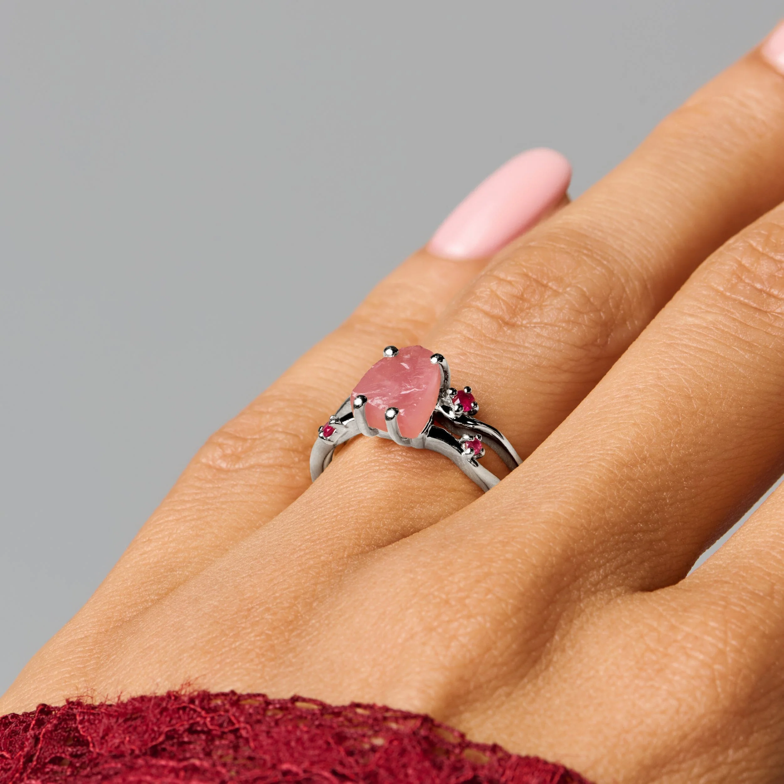 Raw Crystal Ring - Flow Rose Quartz Ruby - Image 11