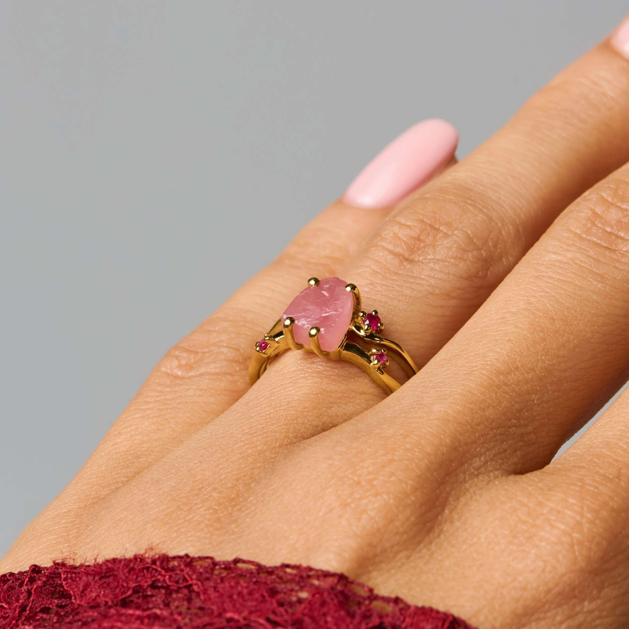 Raw Crystal Ring - Flow Rose Quartz Ruby - Image 18