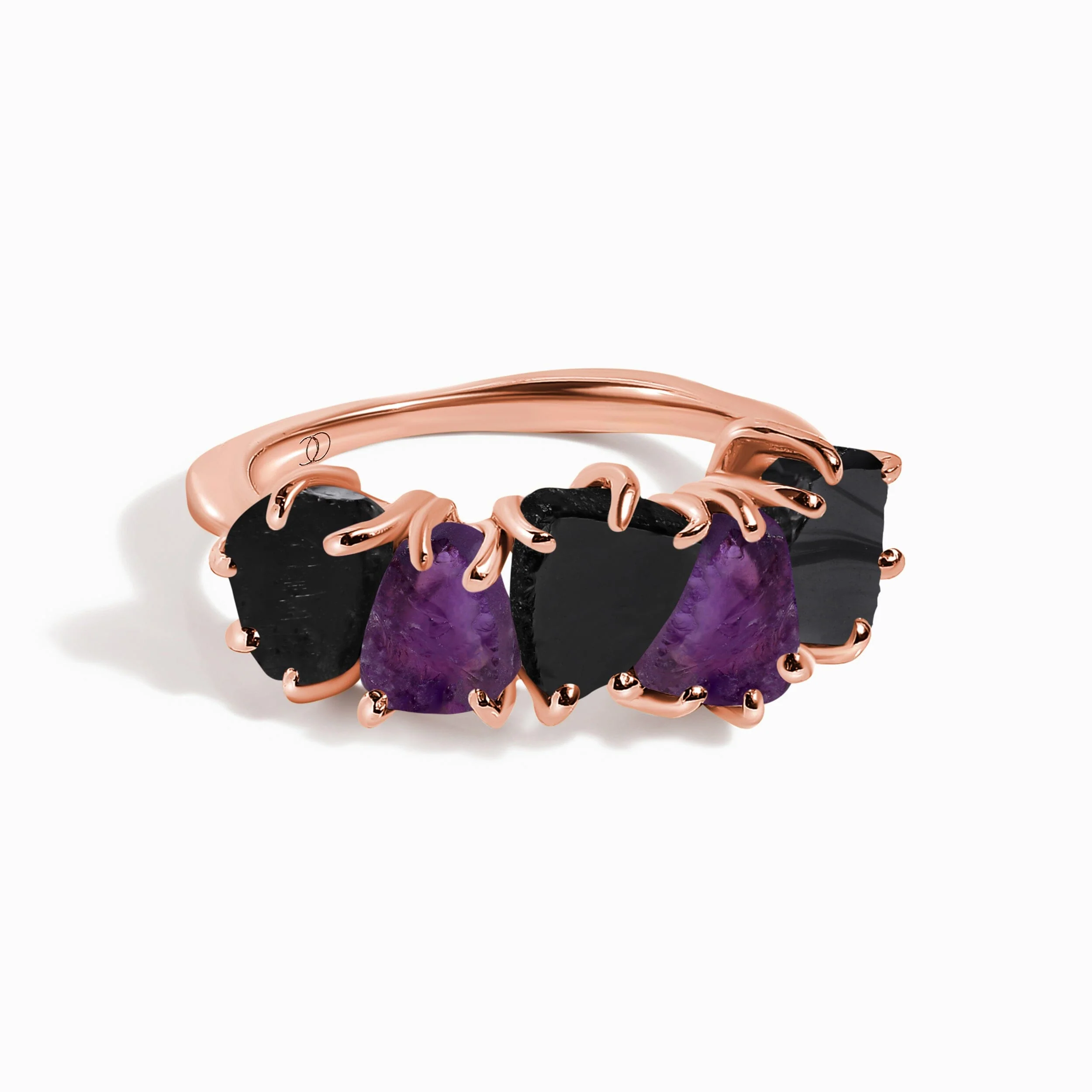 Raw Crystal Ring - Luminous Black Obsidian & Amethyst - Image 4