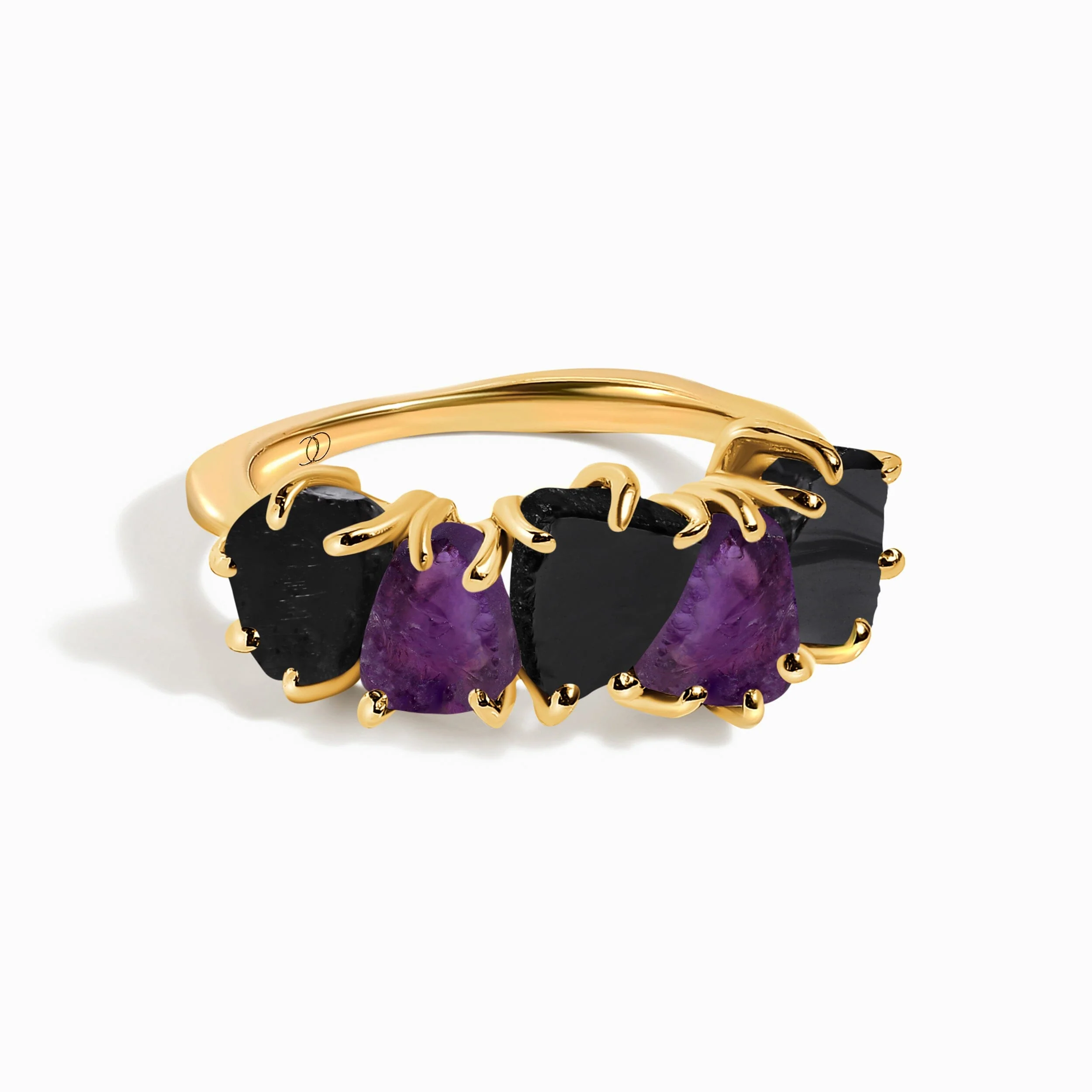 Raw Crystal Ring - Luminous Black Obsidian & Amethyst - Image 7
