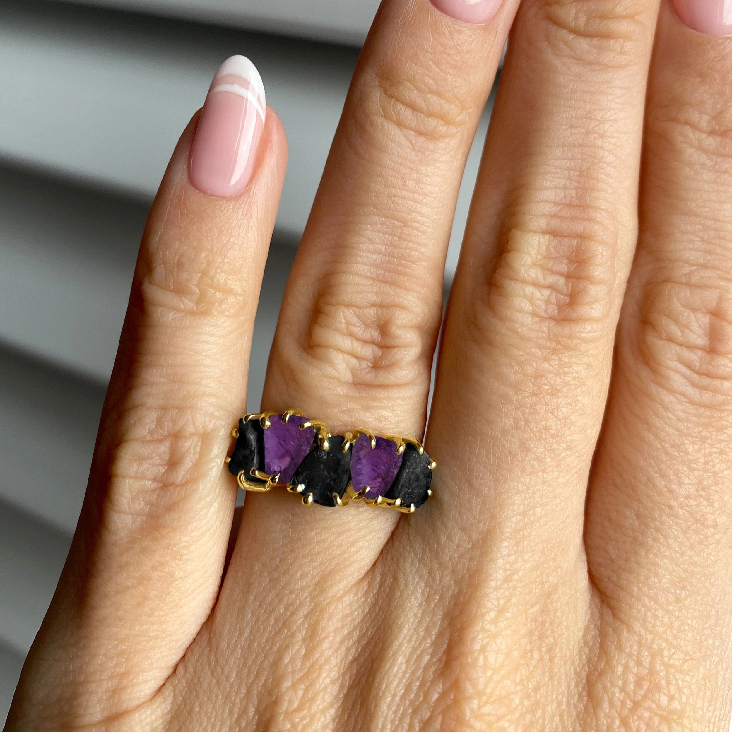 Raw Crystal Ring - Luminous Black Obsidian & Amethyst - Image 8