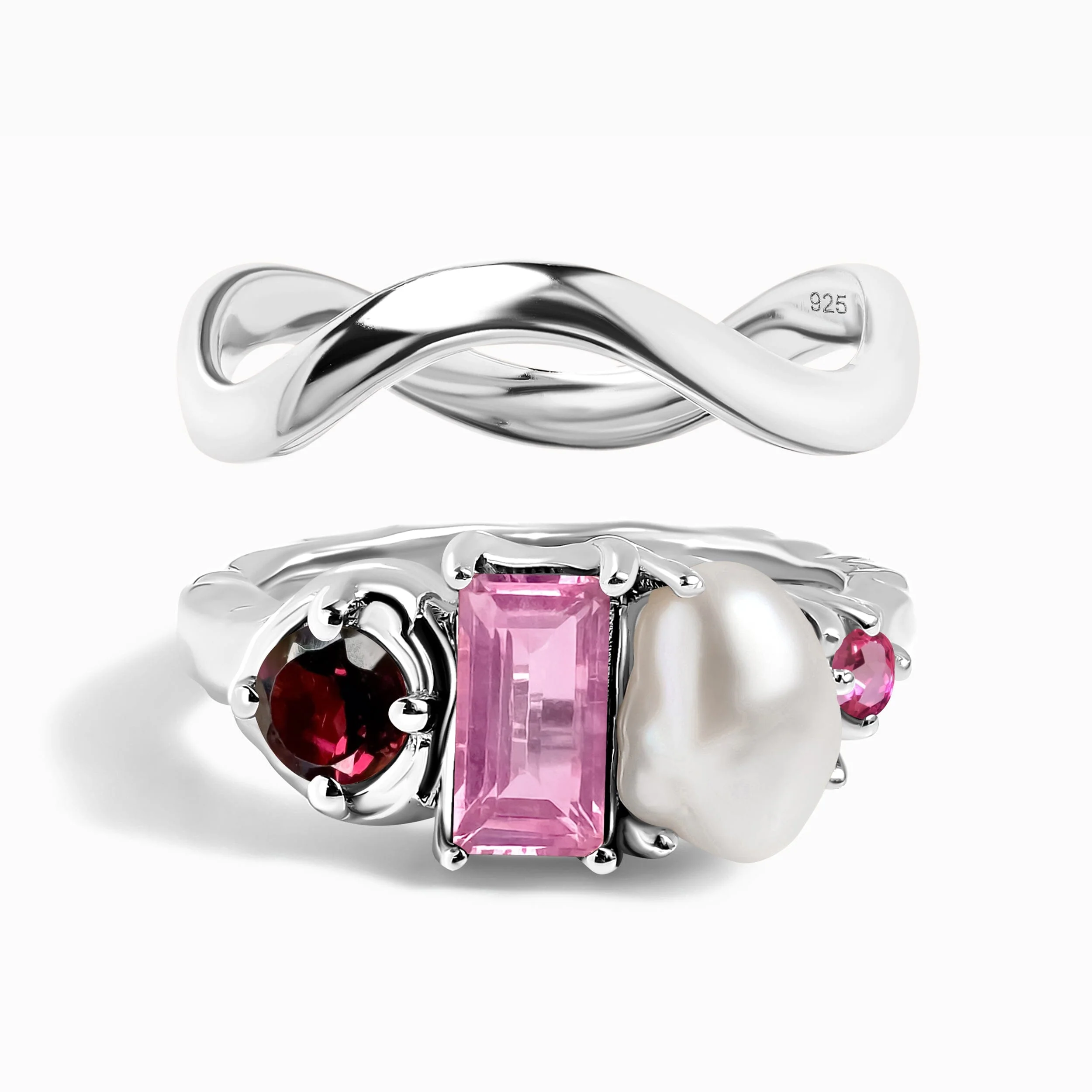 Rhodolite Garnet Treasure Ring & Waves Band