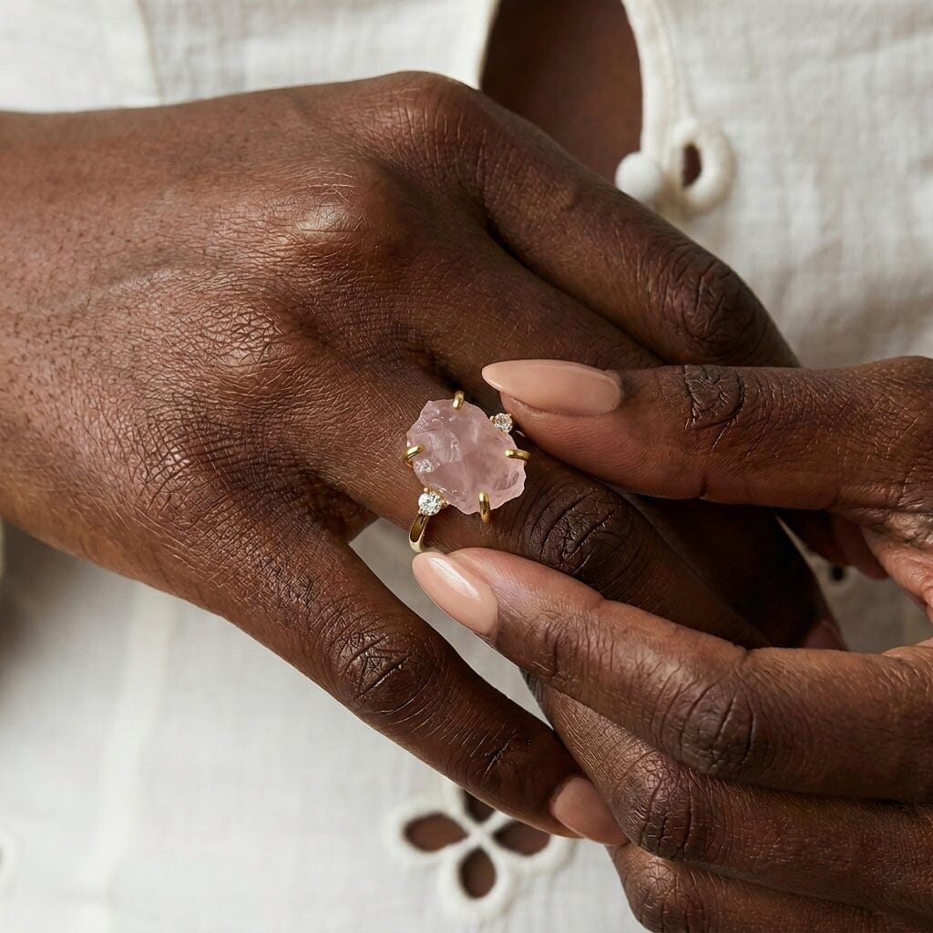 Rose Quartz Lab Diamond Ring - Raw Allure - Image 4
