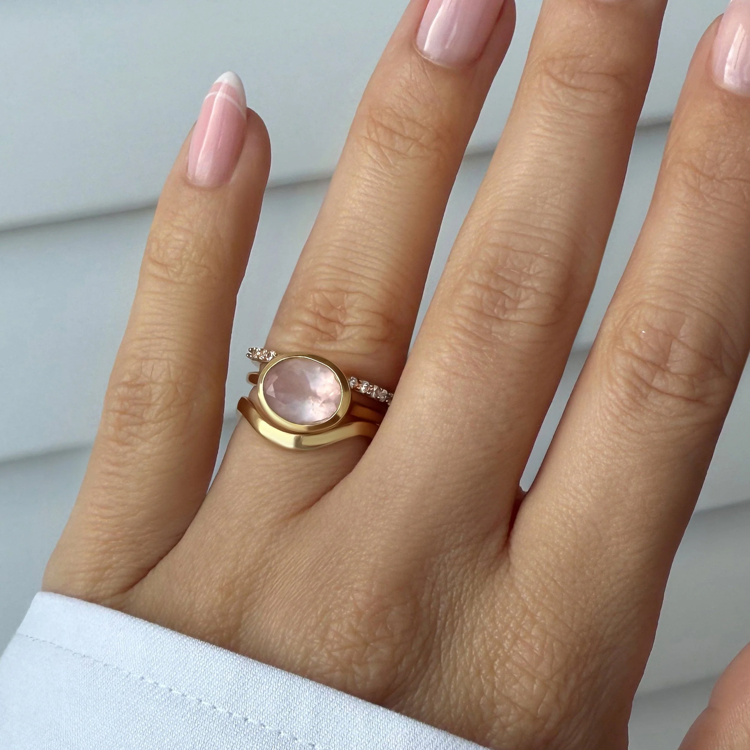 Rose Quartz Skin Touch Ring - Twinkling & Waves Band - Image 6