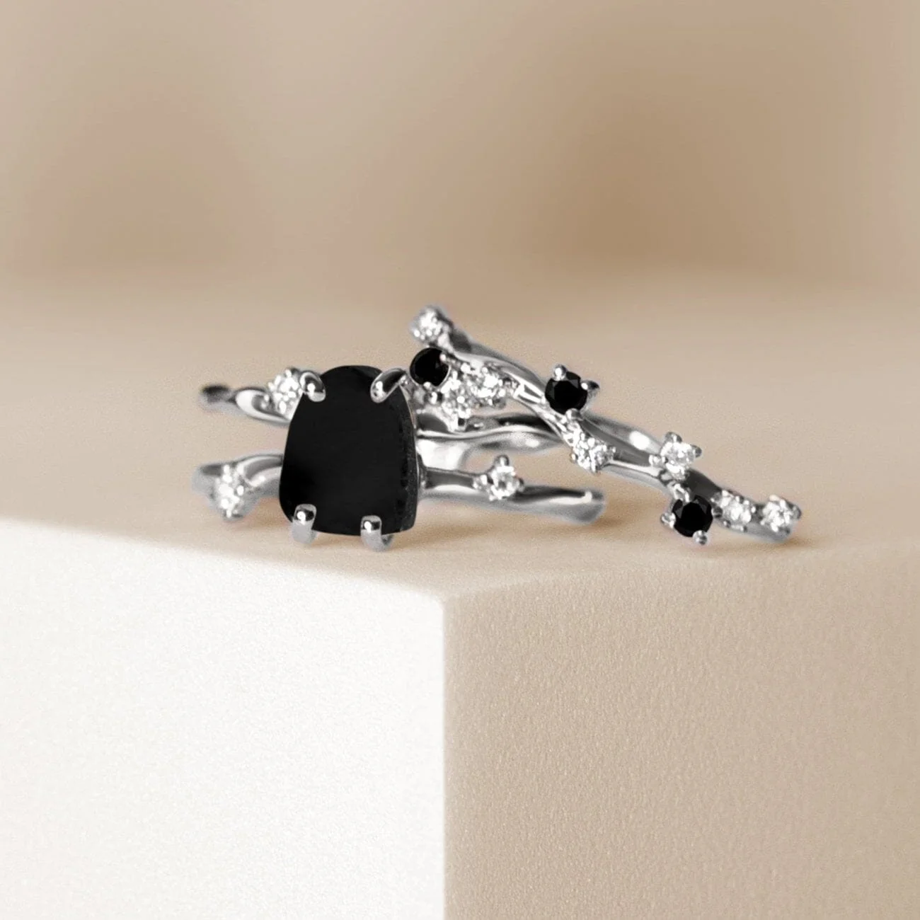 Black Obsidian Flow Ring & Black Onyx Stardust Band - Image 31